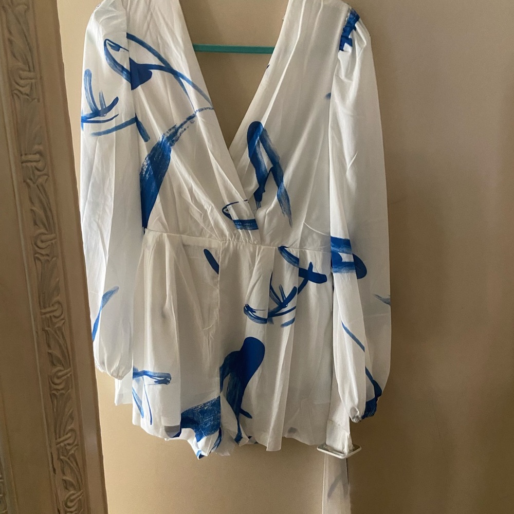 White With Blue Brush Strokes Romper. View 4